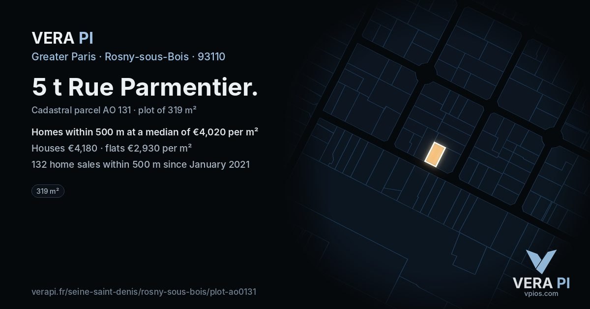 5 t Rue Parmentier, Rosny-sous-Bois at night – the plot lit, the parcels around coloured by the prices near them