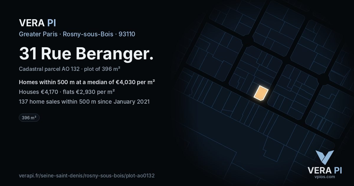 31 Rue Beranger, Rosny-sous-Bois at night – the plot lit, the parcels around coloured by the prices near them