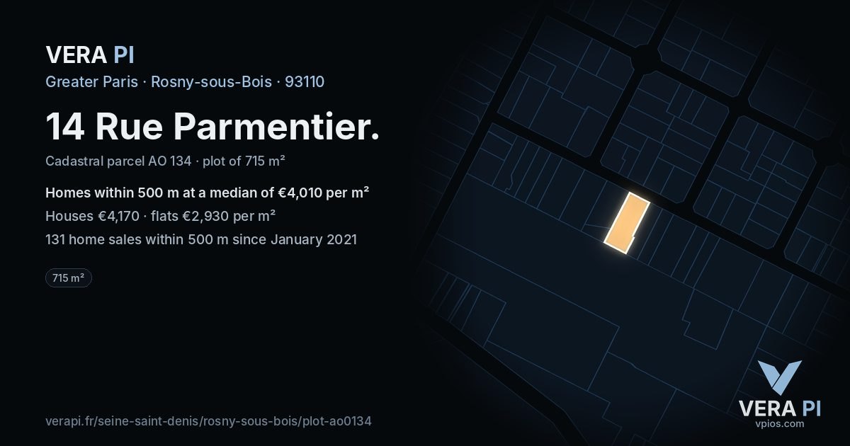 14 Rue Parmentier, Rosny-sous-Bois at night – the plot lit, the parcels around coloured by the prices near them