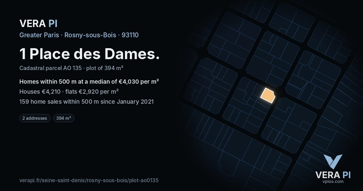 1 Place des Dames, Rosny-sous-Bois at night – the plot lit, the parcels around coloured by the prices near them