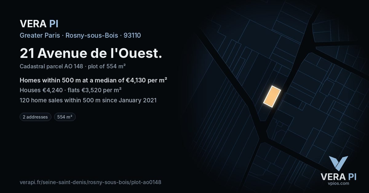 21 Avenue de l'Ouest, Rosny-sous-Bois at night – the plot lit, the parcels around coloured by the prices near them
