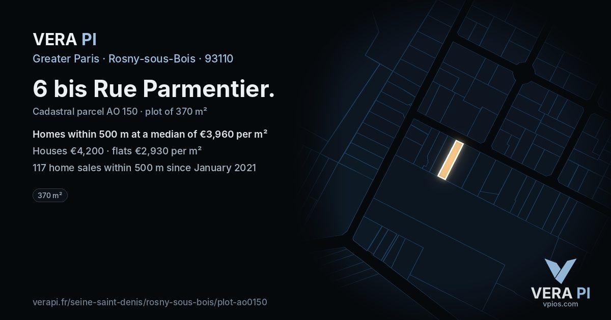6 bis Rue Parmentier, Rosny-sous-Bois at night – the plot lit, the parcels around coloured by the prices near them