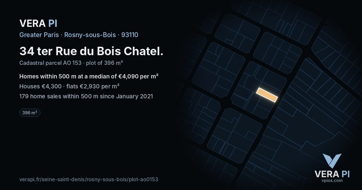 34 ter Rue du Bois Chatel, Rosny-sous-Bois at night – the plot lit, the parcels around coloured by the prices near them