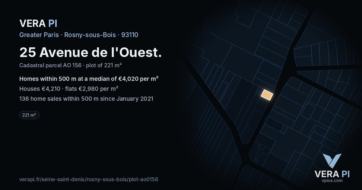 25 Avenue de l'Ouest, Rosny-sous-Bois at night – the plot lit, the parcels around coloured by the prices near them