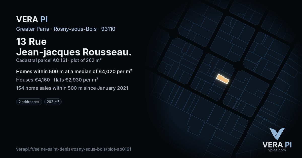 13 Rue Jean-jacques Rousseau, Rosny-sous-Bois at night – the plot lit, the parcels around coloured by the prices near them