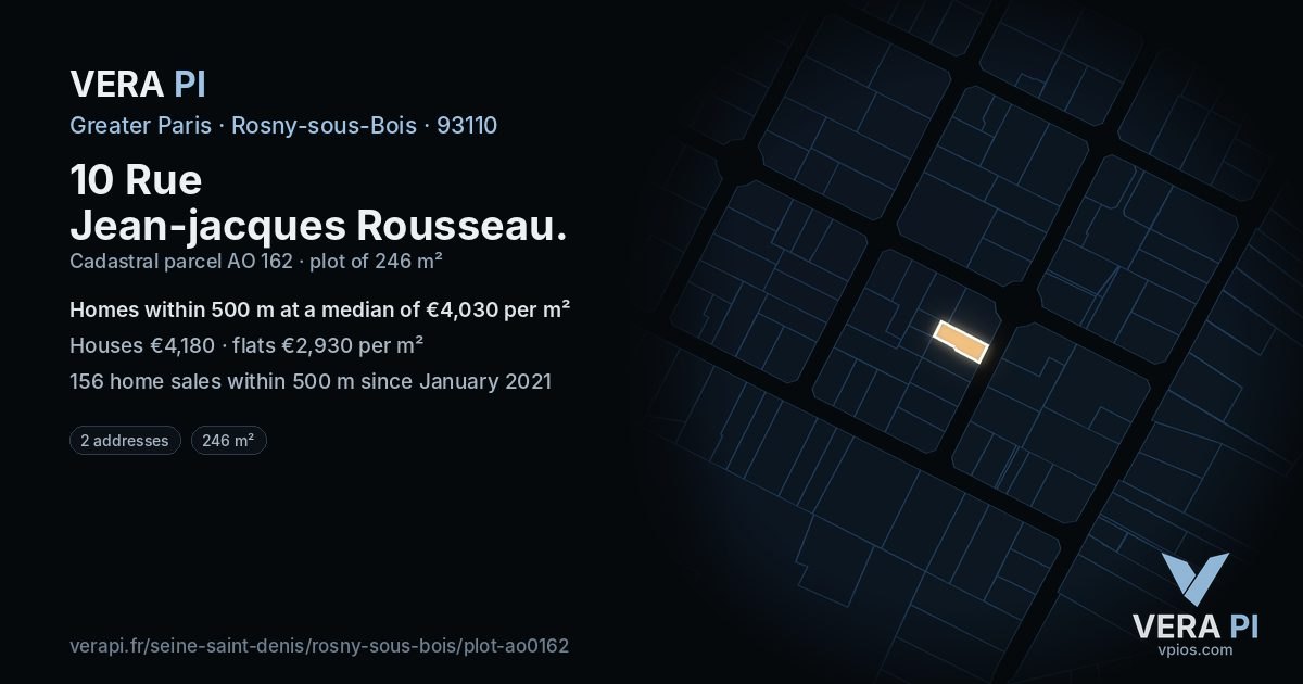 10 Rue Jean-jacques Rousseau, Rosny-sous-Bois at night – the plot lit, the parcels around coloured by the prices near them