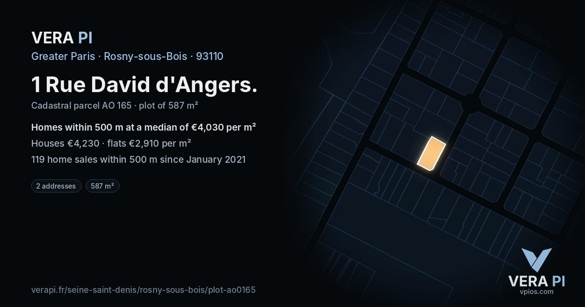 1 Rue David d'Angers, Rosny-sous-Bois at night – the plot lit, the parcels around coloured by the prices near them