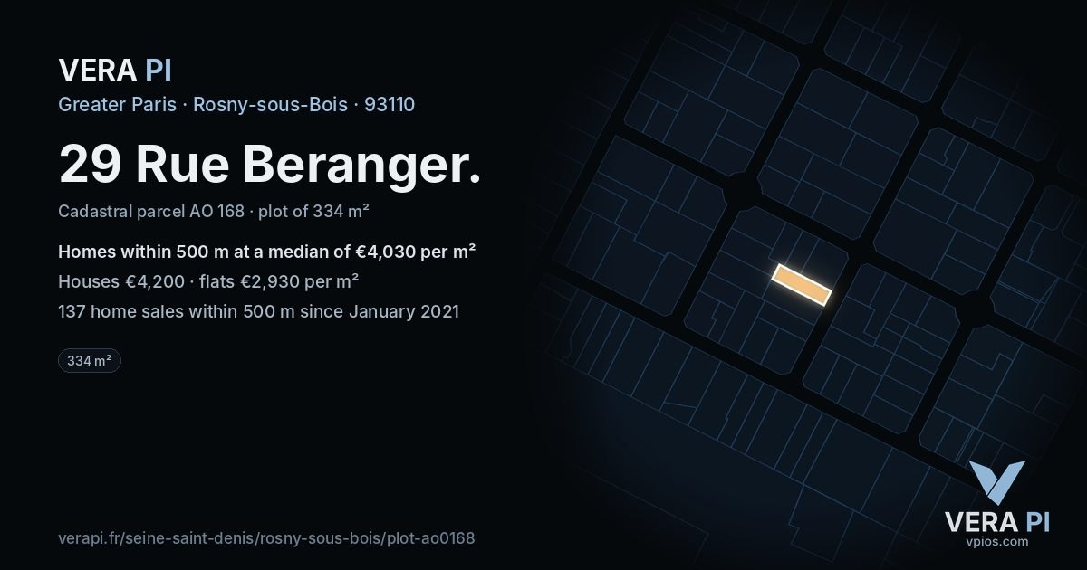 29 Rue Beranger, Rosny-sous-Bois at night – the plot lit, the parcels around coloured by the prices near them