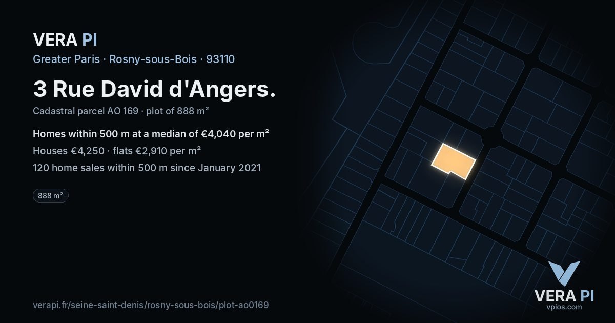 3 Rue David d'Angers, Rosny-sous-Bois at night – the plot lit, the parcels around coloured by the prices near them