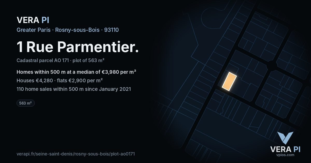 1 Rue Parmentier, Rosny-sous-Bois at night – the plot lit, the parcels around coloured by the prices near them
