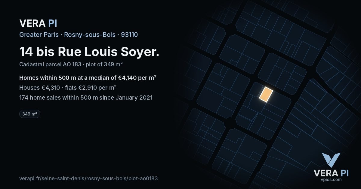 14 bis Rue Louis Soyer, Rosny-sous-Bois at night – the plot lit, the parcels around coloured by the prices near them