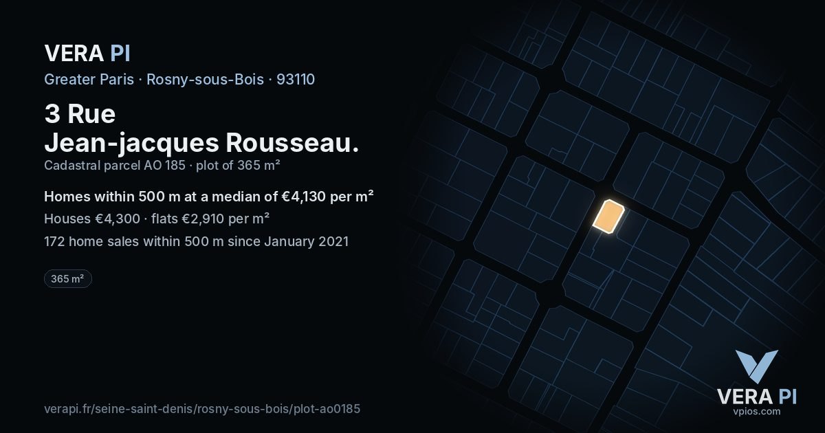 3 Rue Jean-jacques Rousseau, Rosny-sous-Bois at night – the plot lit, the parcels around coloured by the prices near them