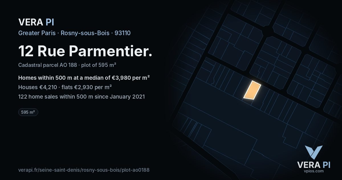 12 Rue Parmentier, Rosny-sous-Bois at night – the plot lit, the parcels around coloured by the prices near them