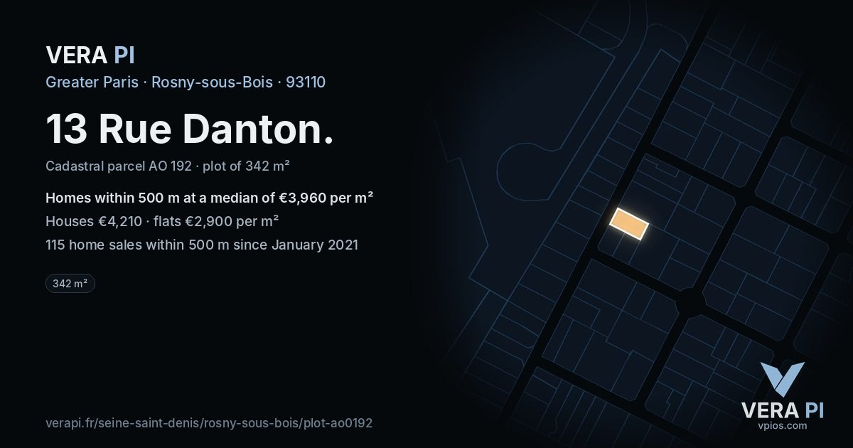 13 Rue Danton, Rosny-sous-Bois at night – the plot lit, the parcels around coloured by the prices near them