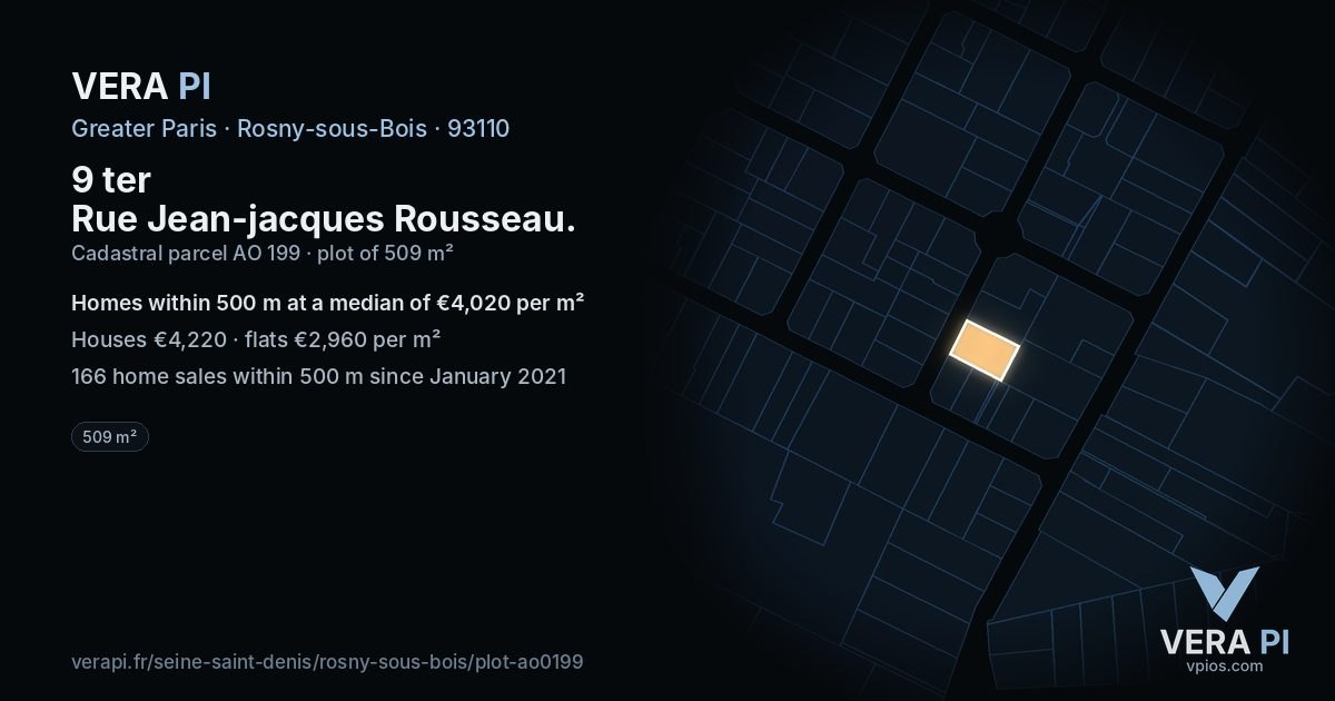 9 ter Rue Jean-jacques Rousseau, Rosny-sous-Bois at night – the plot lit, the parcels around coloured by the prices near them