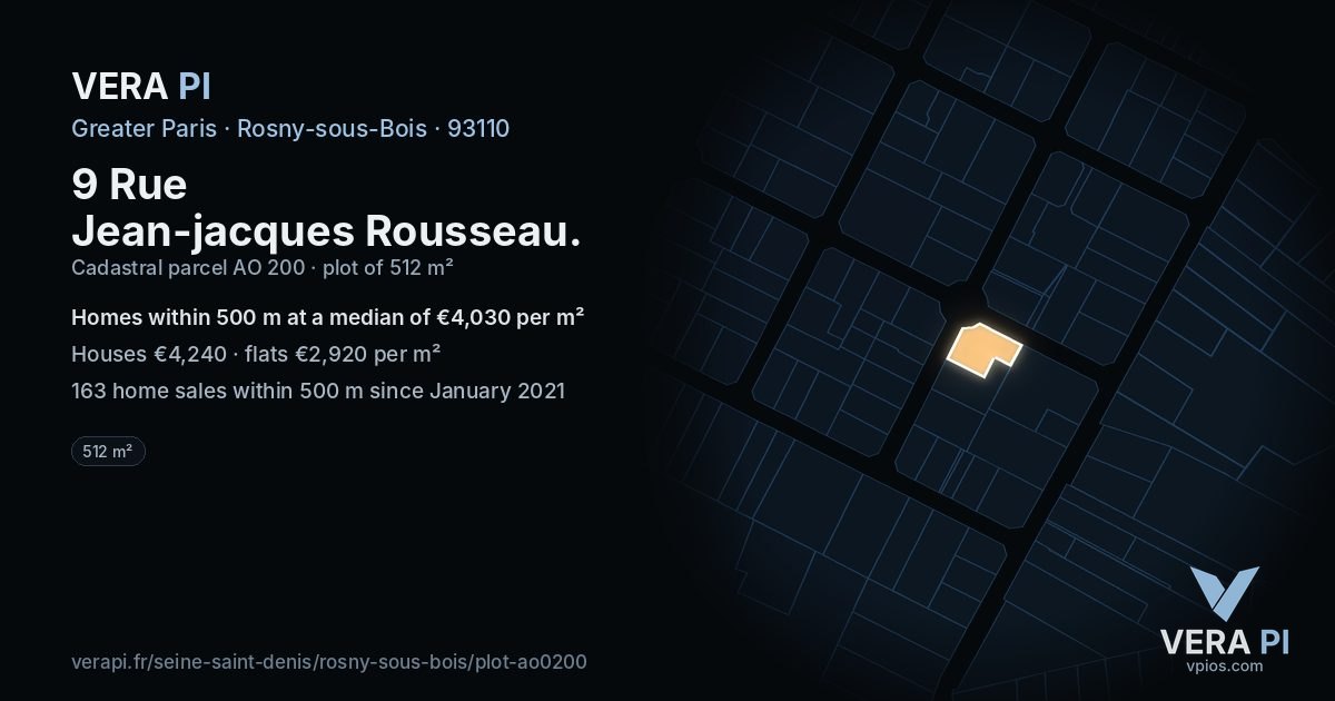 9 Rue Jean-jacques Rousseau, Rosny-sous-Bois at night – the plot lit, the parcels around coloured by the prices near them