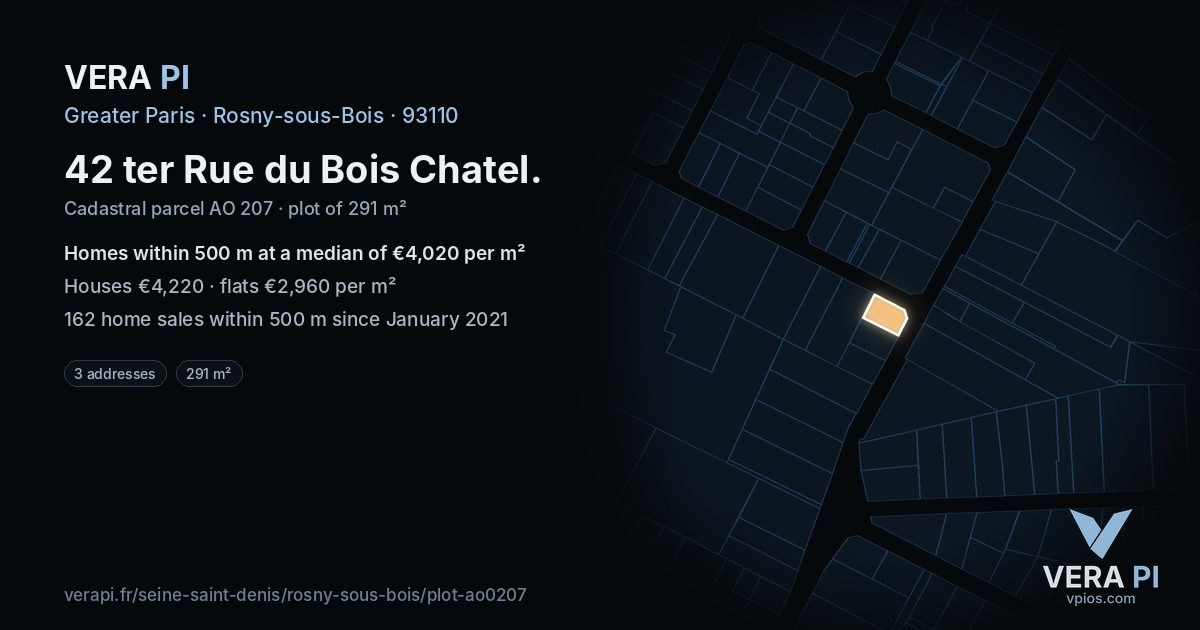 42 ter Rue du Bois Chatel, Rosny-sous-Bois at night – the plot lit, the parcels around coloured by the prices near them