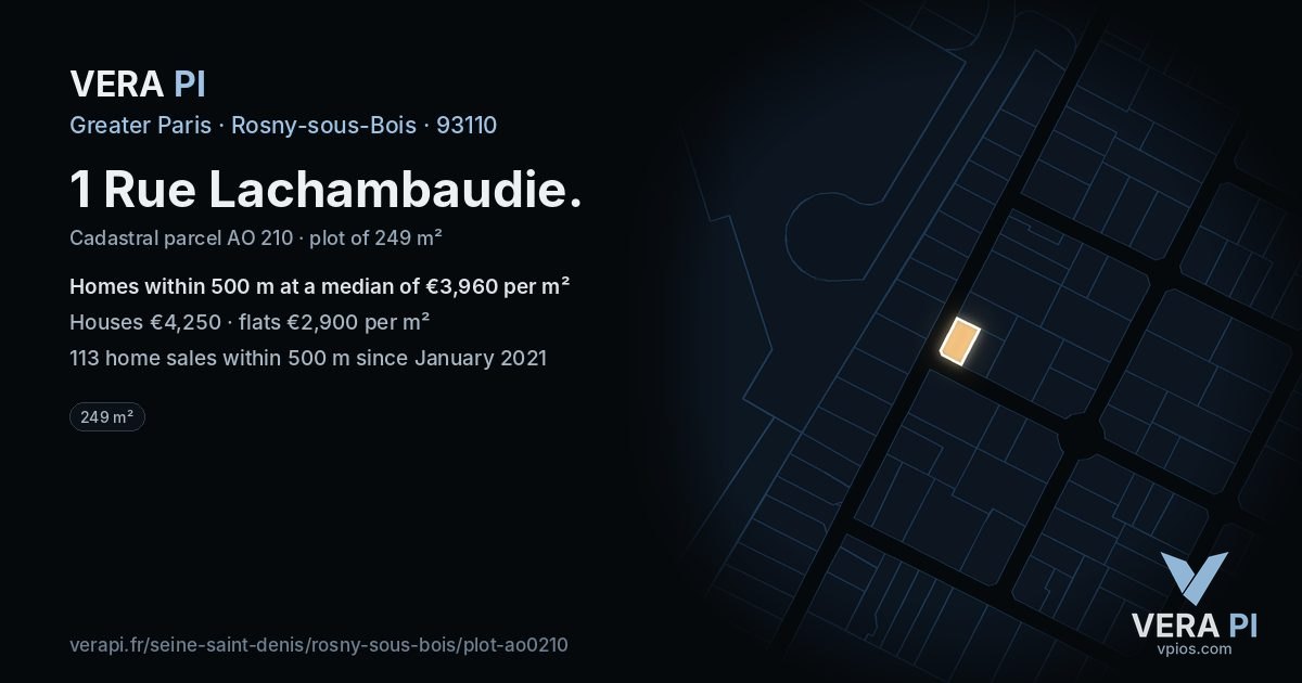 1 Rue Lachambaudie, Rosny-sous-Bois at night – the plot lit, the parcels around coloured by the prices near them