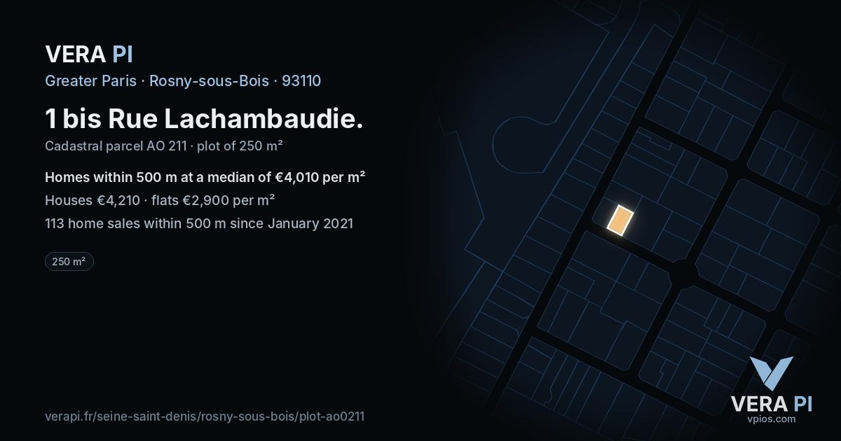 1 bis Rue Lachambaudie, Rosny-sous-Bois at night – the plot lit, the parcels around coloured by the prices near them