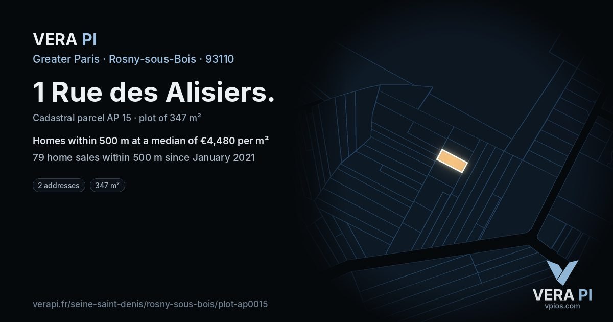 1 Rue des Alisiers, Rosny-sous-Bois at night – the plot lit, the parcels around coloured by the prices near them