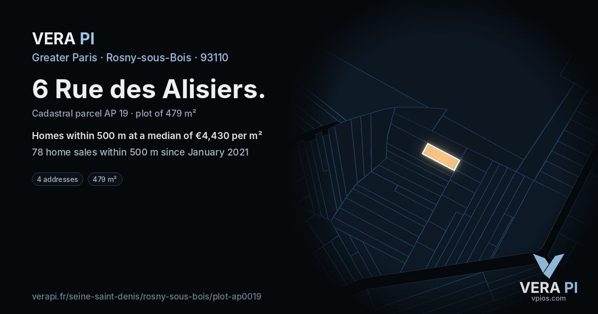 6 Rue des Alisiers, Rosny-sous-Bois at night – the plot lit, the parcels around coloured by the prices near them