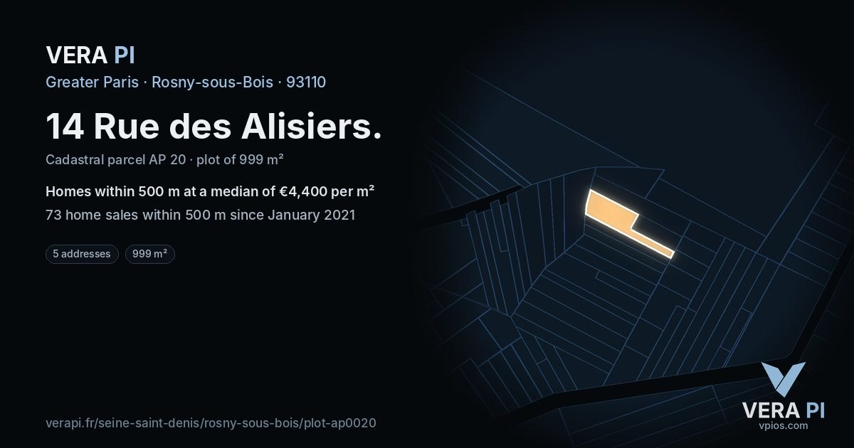 14 Rue des Alisiers, Rosny-sous-Bois at night – the plot lit, the parcels around coloured by the prices near them