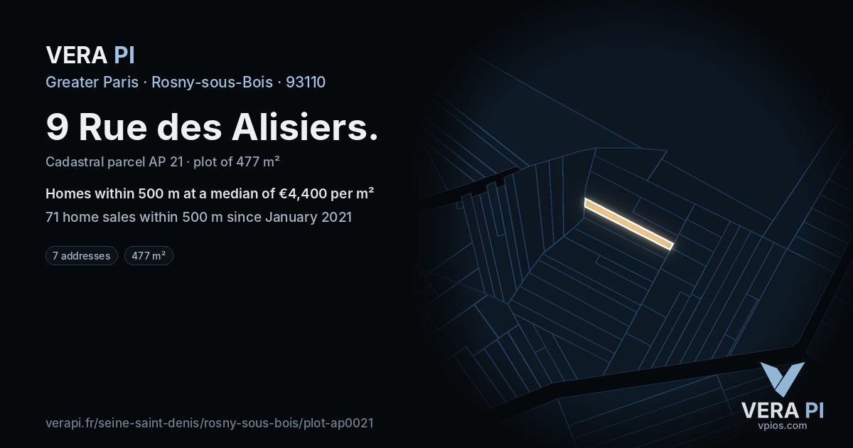 9 Rue des Alisiers, Rosny-sous-Bois at night – the plot lit, the parcels around coloured by the prices near them