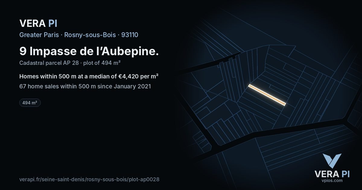 9 Impasse de l’Aubepine, Rosny-sous-Bois at night – the plot lit, the parcels around coloured by the prices near them