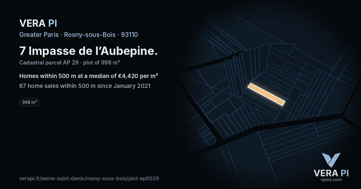 7 Impasse de l’Aubepine, Rosny-sous-Bois at night – the plot lit, the parcels around coloured by the prices near them