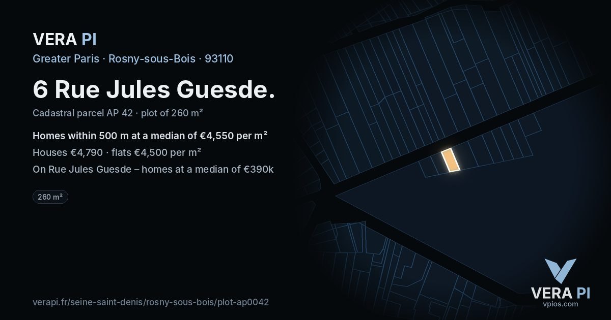 6 Rue Jules Guesde, Rosny-sous-Bois at night – the plot lit, the parcels around coloured by the prices near them