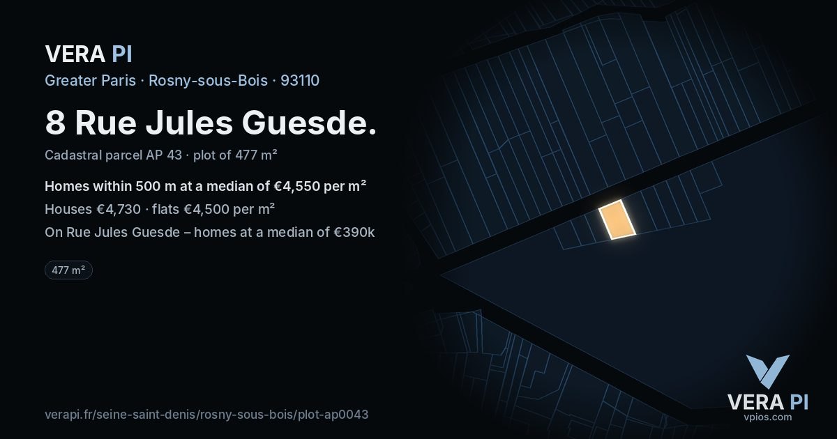 8 Rue Jules Guesde, Rosny-sous-Bois at night – the plot lit, the parcels around coloured by the prices near them