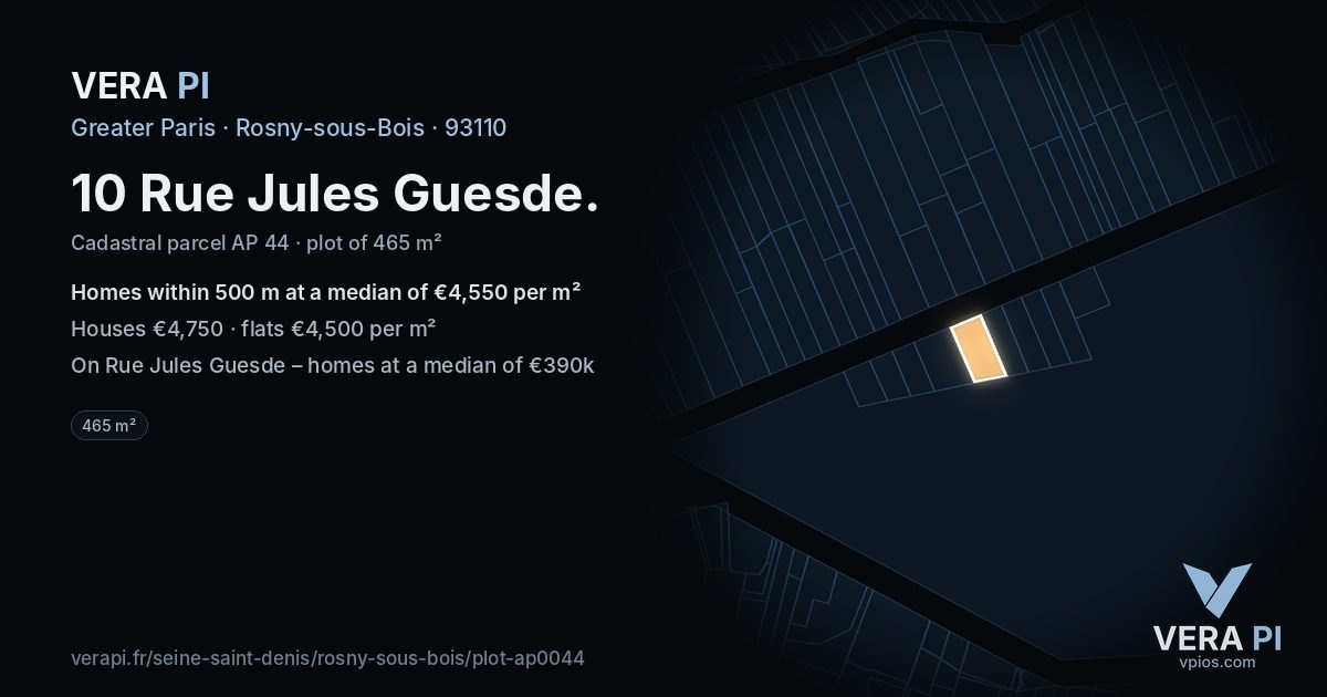 10 Rue Jules Guesde, Rosny-sous-Bois at night – the plot lit, the parcels around coloured by the prices near them