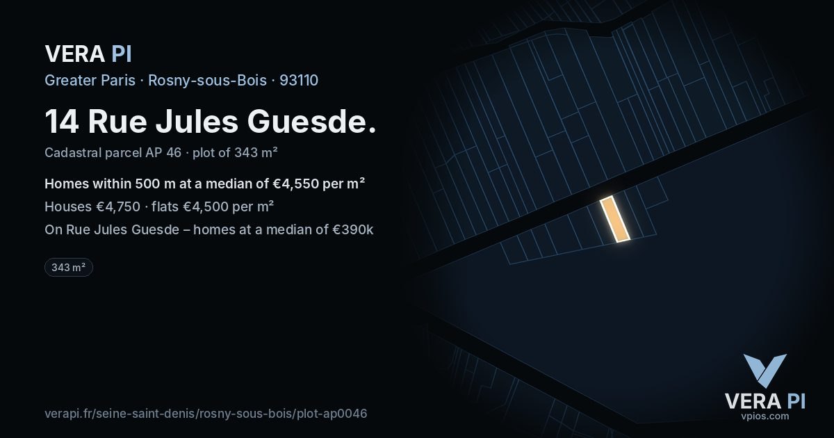 14 Rue Jules Guesde, Rosny-sous-Bois at night – the plot lit, the parcels around coloured by the prices near them