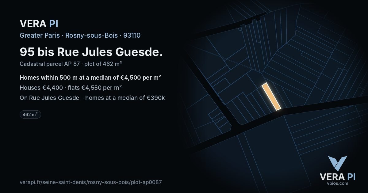 95 bis Rue Jules Guesde, Rosny-sous-Bois at night – the plot lit, the parcels around coloured by the prices near them