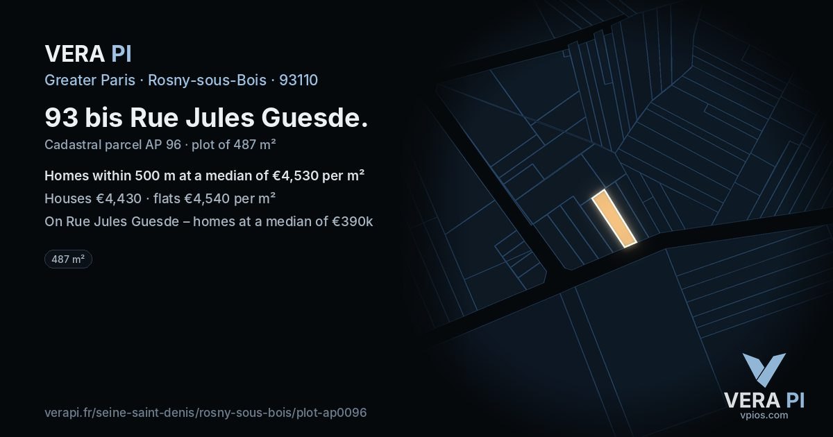 93 bis Rue Jules Guesde, Rosny-sous-Bois at night – the plot lit, the parcels around coloured by the prices near them
