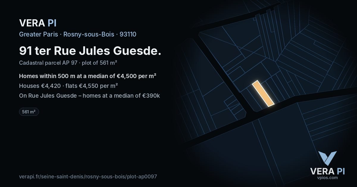 91 ter Rue Jules Guesde, Rosny-sous-Bois at night – the plot lit, the parcels around coloured by the prices near them