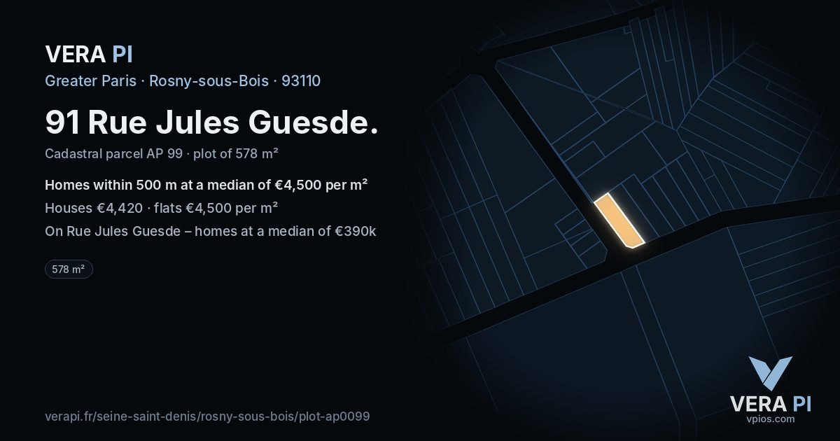 91 Rue Jules Guesde, Rosny-sous-Bois at night – the plot lit, the parcels around coloured by the prices near them