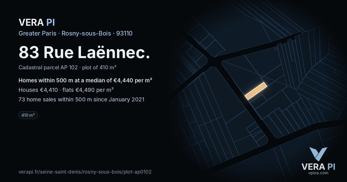 83 Rue Laënnec, Rosny-sous-Bois at night – the plot lit, the parcels around coloured by the prices near them