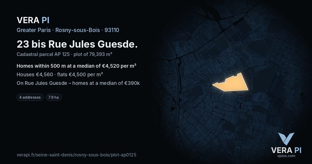 23 bis Rue Jules Guesde, Rosny-sous-Bois at night – the plot lit, the parcels around coloured by the prices near them