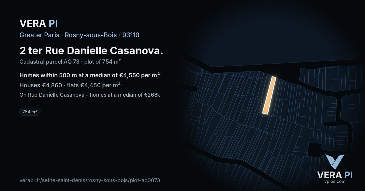 2 ter Rue Danielle Casanova, Rosny-sous-Bois at night – the plot lit, the parcels around coloured by the prices near them