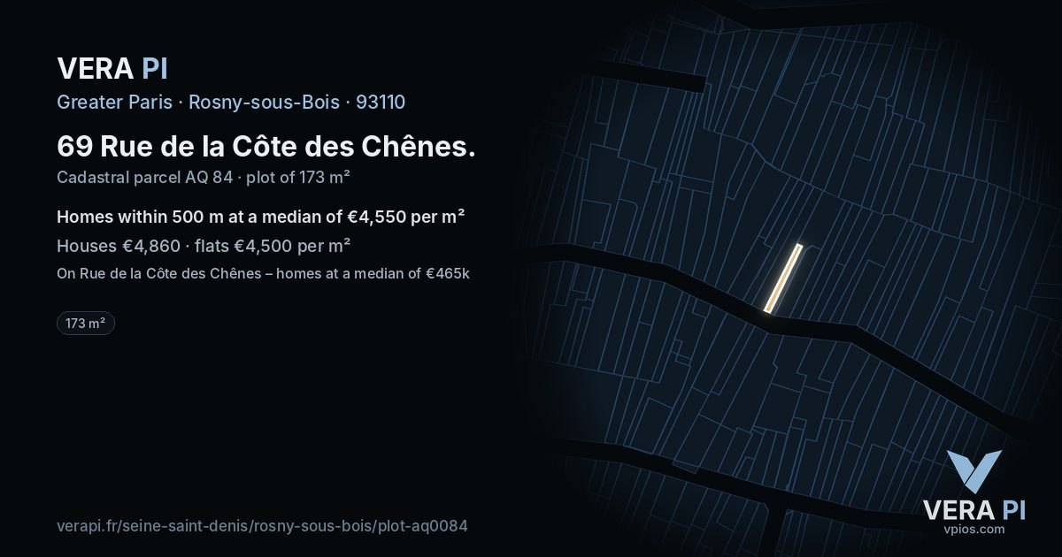 69 Rue de la Côte des Chênes, Rosny-sous-Bois at night – the plot lit, the parcels around coloured by the prices near them