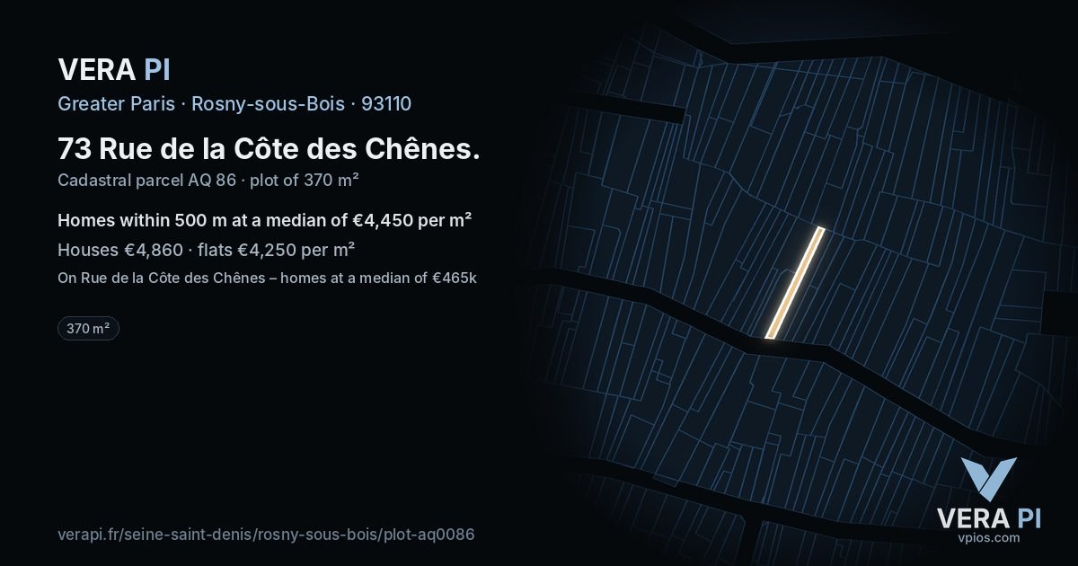 73 Rue de la Côte des Chênes, Rosny-sous-Bois at night – the plot lit, the parcels around coloured by the prices near them
