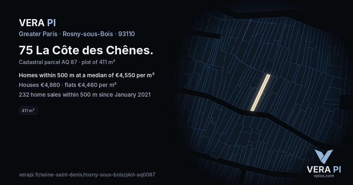 75 La Côte des Chênes, Rosny-sous-Bois at night – the plot lit, the parcels around coloured by the prices near them