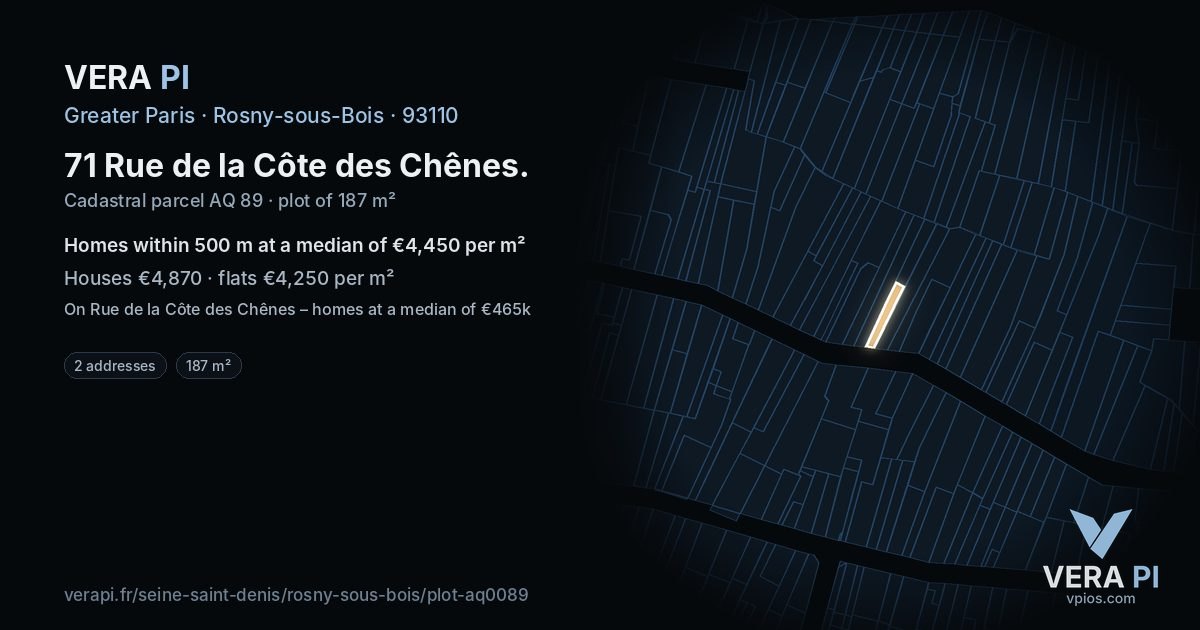 71 Rue de la Côte des Chênes, Rosny-sous-Bois at night – the plot lit, the parcels around coloured by the prices near them