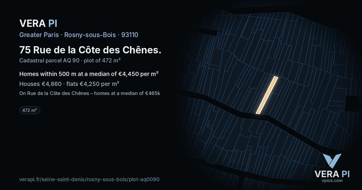 75 Rue de la Côte des Chênes, Rosny-sous-Bois at night – the plot lit, the parcels around coloured by the prices near them