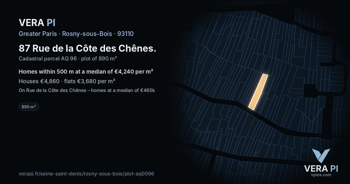87 Rue de la Côte des Chênes, Rosny-sous-Bois at night – the plot lit, the parcels around coloured by the prices near them