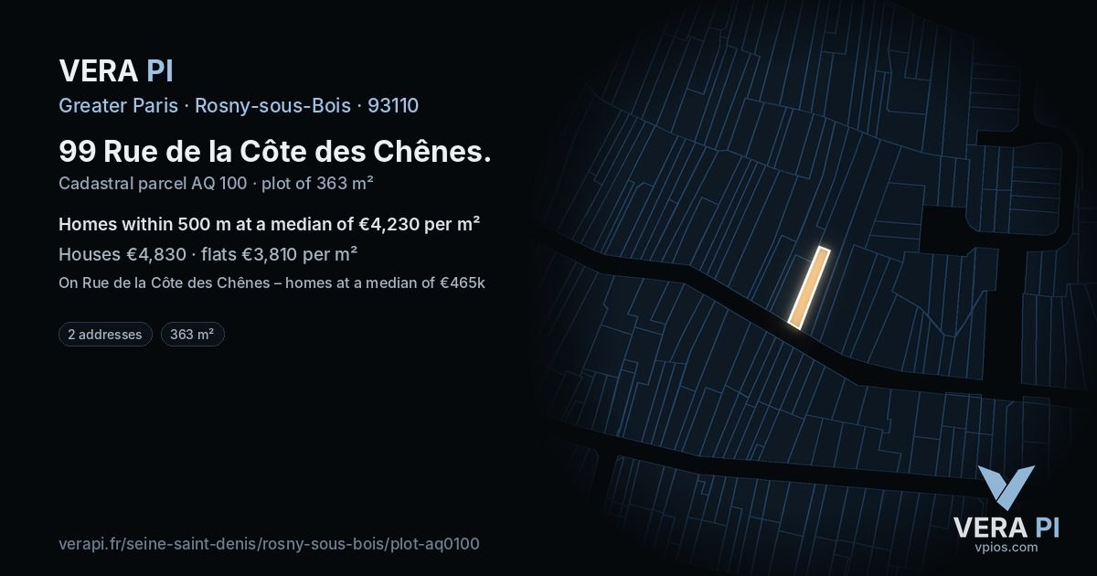 99 Rue de la Côte des Chênes, Rosny-sous-Bois at night – the plot lit, the parcels around coloured by the prices near them
