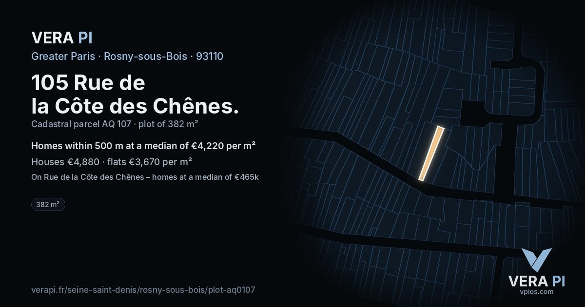 105 Rue de la Côte des Chênes, Rosny-sous-Bois at night – the plot lit, the parcels around coloured by the prices near them