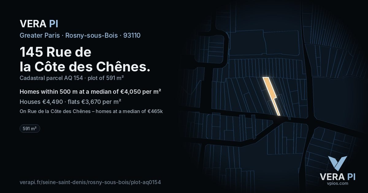 145 Rue de la Côte des Chênes, Rosny-sous-Bois at night – the plot lit, the parcels around coloured by the prices near them