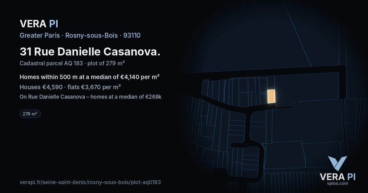 31 Rue Danielle Casanova, Rosny-sous-Bois at night – the plot lit, the parcels around coloured by the prices near them